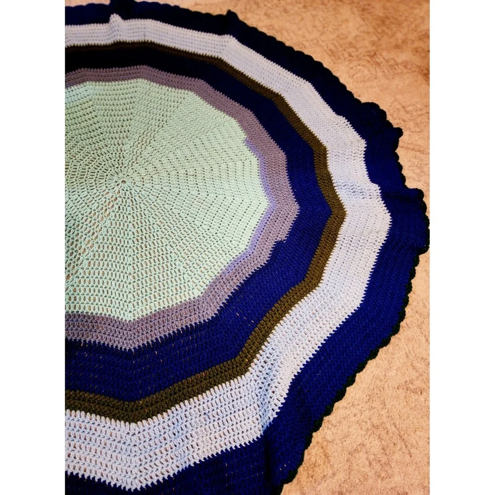 Beautiful Crocheted Blanket Round With Colorful Blue Pattern 58in In Diameter